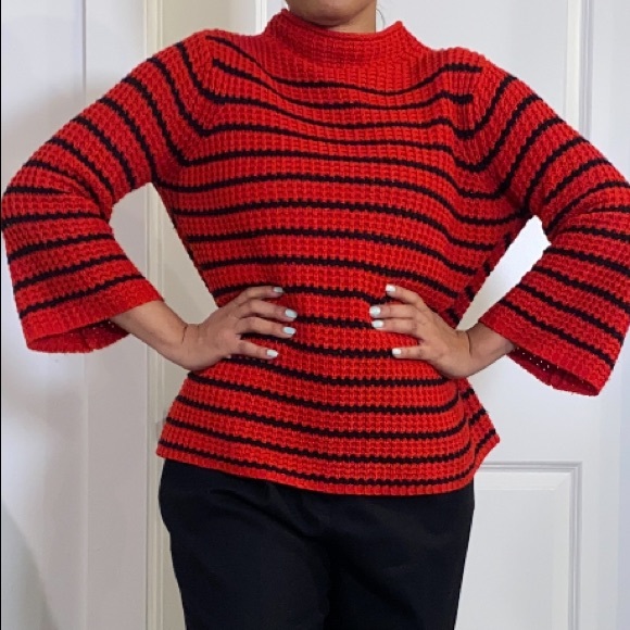 New Direction Red &  Black Stripe Mock Neck Knit Flare Sweater Size L - Picture 8 of 11